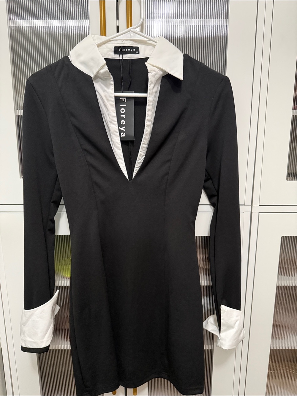 Black and White Collared Long Sleeve Dress